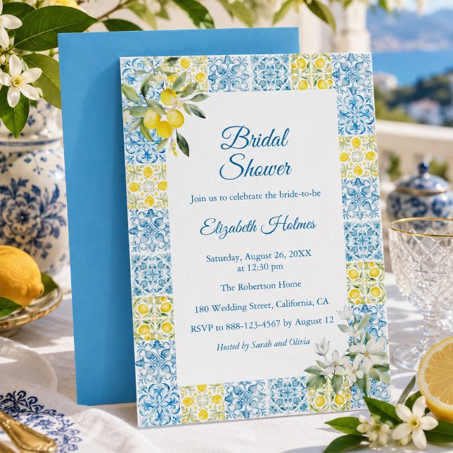 Mediterranean Blue Tile Lemon Bridal Shower Invitation (Mediterranean Blue Tile Lemon Bridal Shower Invitation)