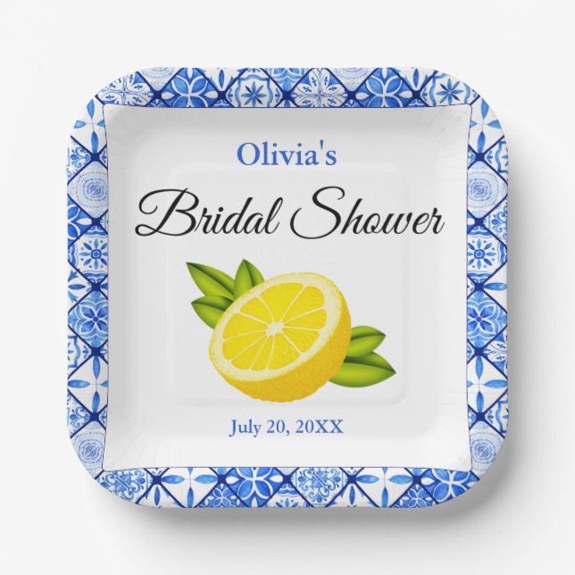 Mediterranean Blue Tile Lemon Bridal Shower Paper Plate (Front)