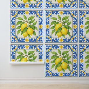 Mediterranean Blue Tile Lemon Wallpaper