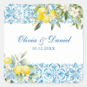 Mediterranean Blue Tile & Lemon Wedding Square Sticker