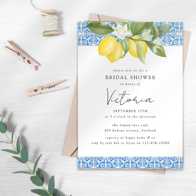 Mediterranean Blue Tile Lemons Bridal Shower Invitation (Creator Uploaded)