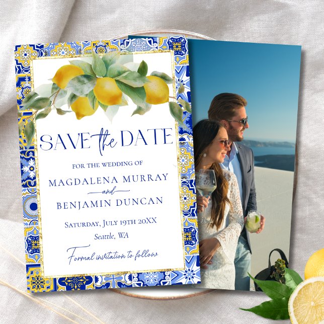 Mediterranean Blue Tile Lemons Photo Wedding Save The Date (Creator Uploaded)
