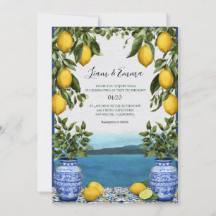 Mediterranean Blue Tile Lemons Wedding Invitation