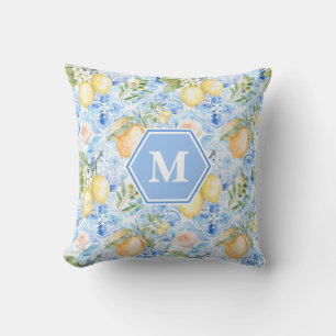 Mediterranean Blue Tile Limoncello Monogram Name Cushion