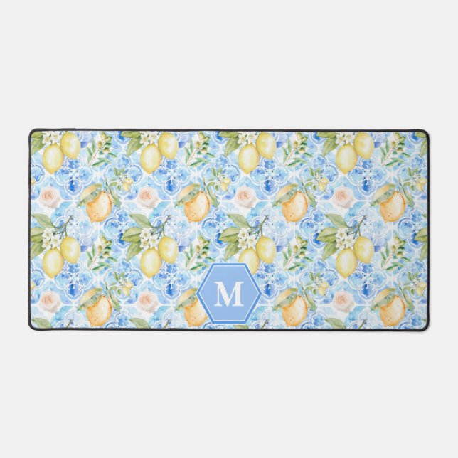 Mediterranean Blue Tile Limoncello Monogram Name Desk Mat (Front)