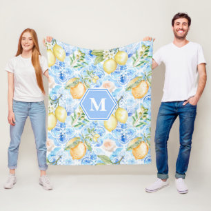 Mediterranean Blue Tile Limoncello Monogram Name Fleece Blanket