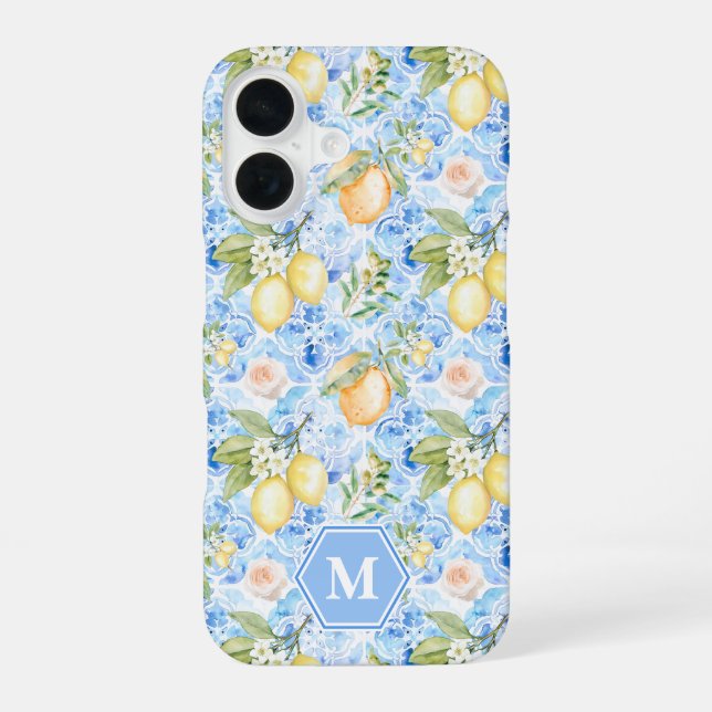 Mediterranean Blue Tile Limoncello Monogram Name iPhone 16 Case (Back)