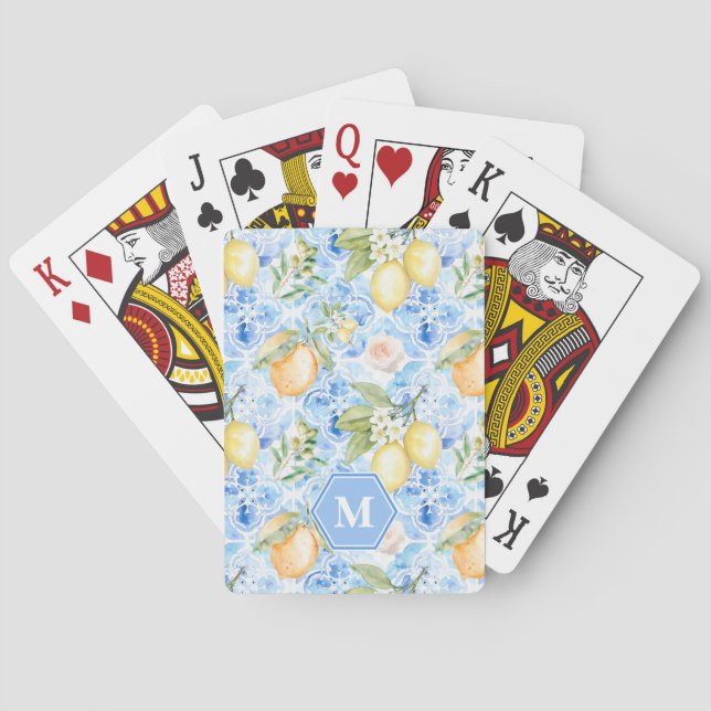 Mediterranean Blue Tile Limoncello Monogram Name Playing Cards (Back)