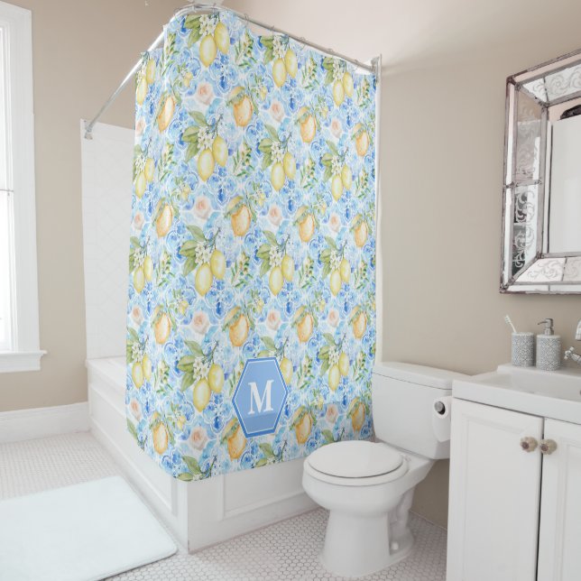 Mediterranean Blue Tile Limoncello Monogram Name Shower Curtain (In Situ)