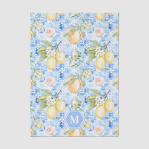 Mediterranean Blue Tile Limoncello Monogram Name Tissue Paper