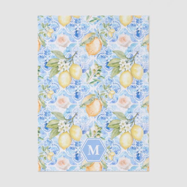 Mediterranean Blue Tile Limoncello Monogram Name Tissue Paper (Front)