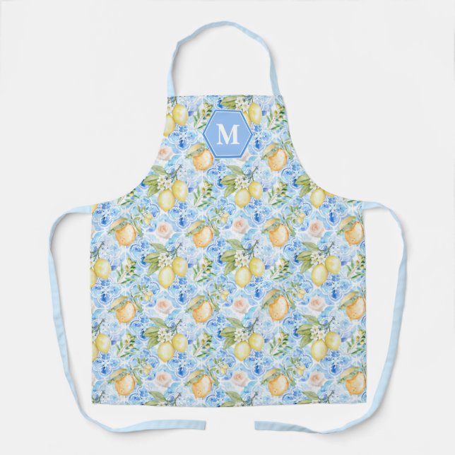 Mediterranean Blue Tile Limoncello Watercolor Apron (Front)