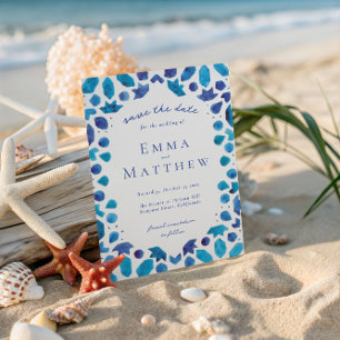 Mediterranean Blue Tile Pattern Wedding QR Save The Date