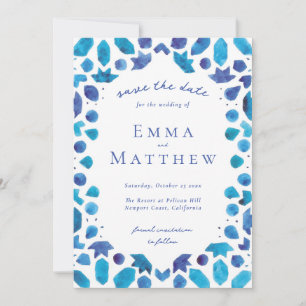 Mediterranean Blue Tile Pattern with QR Save The Date