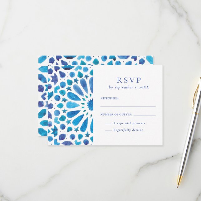Mediterranean Blue Tile Wedding RSVP Card (Front/Back In Situ)