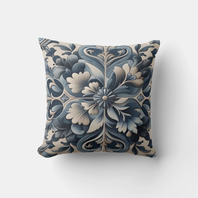 Mediterranean Blue Tile with Flower Pattern Cushion (Front)