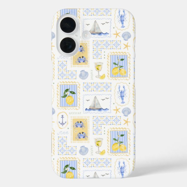 Mediterranean Blue Tile Yellow Lemon Coastal Case-Mate iPhone Case (Back)