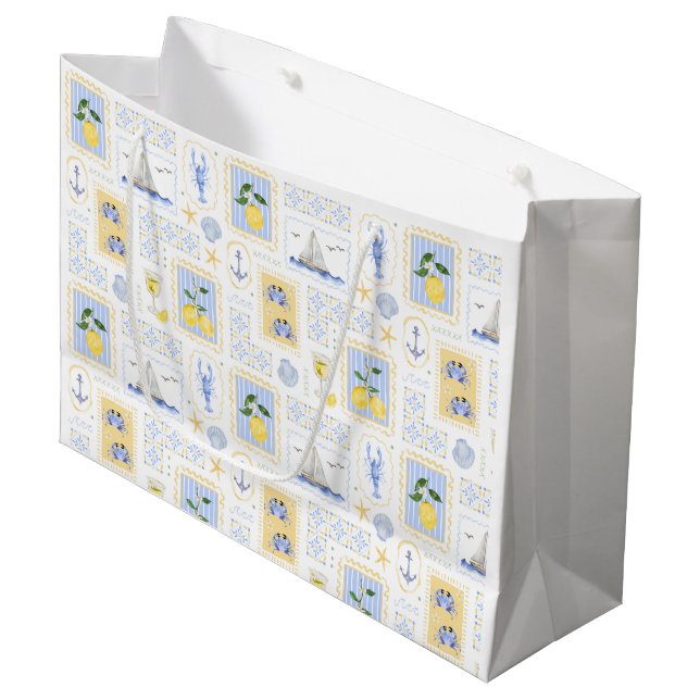 Mediterranean Blue Tile Yellow Lemon Coastal Large Gift Bag (Front Angled)