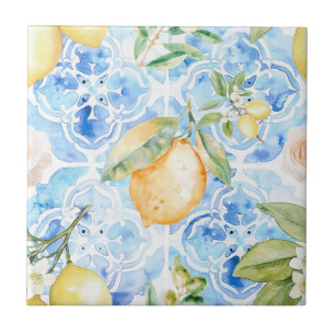 Mediterranean Blue Tile Yellow Lemon Watercolor