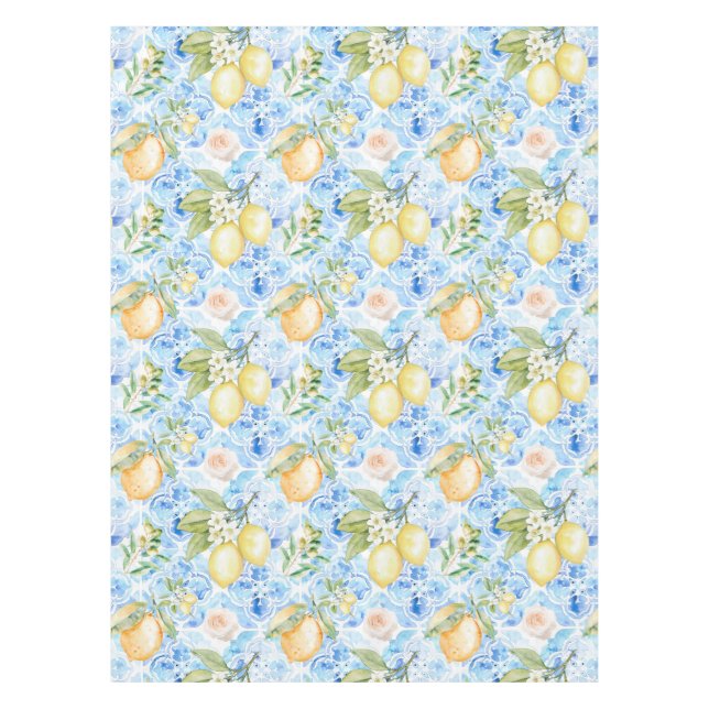 Mediterranean Blue Tile Yellow Lemon Watercolor Tablecloth (Front)