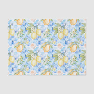 Mediterranean Blue Tile Yellow Lemon Watercolor Tissue Paper