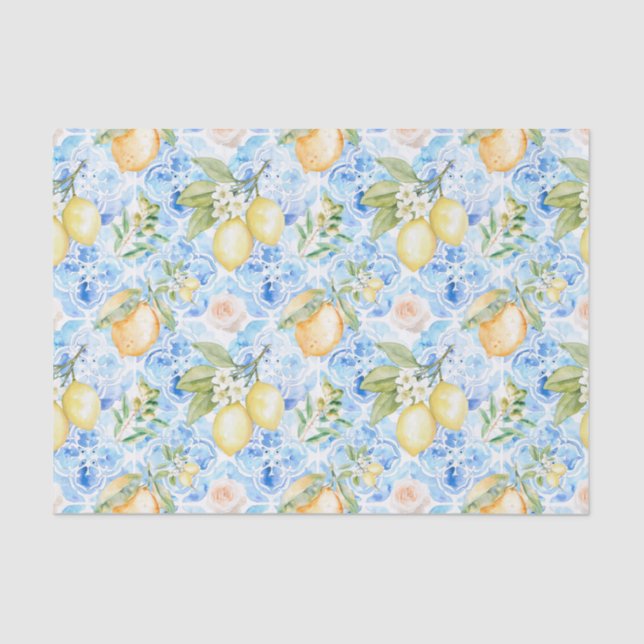 Mediterranean Blue Tile Yellow Lemon Watercolor Tissue Paper (Front)