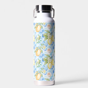 Mediterranean Blue Tile Yellow Lemon Watercolor Water Bottle