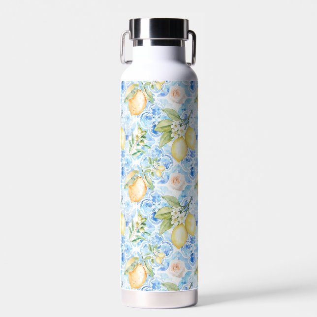 Mediterranean Blue Tile Yellow Lemon Watercolor Water Bottle (Front)