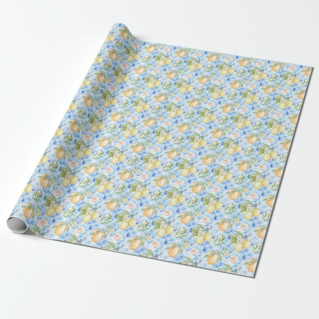 Mediterranean Blue Tile Yellow Lemon Watercolor Wrapping Paper (Unrolled)