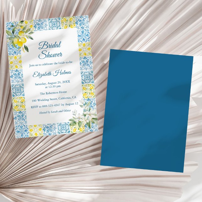 Mediterranean Blue Tiles and Lemons Bridal Shower Invitation (Mediterranean Blue Tiles and Lemons Bridal Shower Invitation on a dry palm leaf.)
