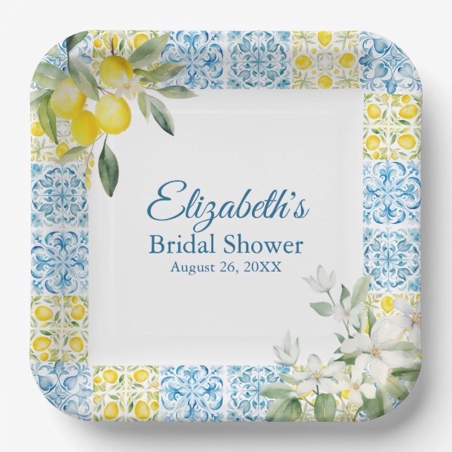 Mediterranean Blue Tiles and Lemons Bridal Shower Paper Plate (Front)