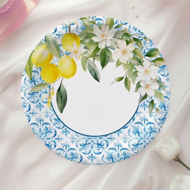 Mediterranean Blue Tiles and Lemons Bridal Shower  Paper Plate (Mediterranean Blue Tiles and Lemons Bridal Shower Paper Plates on a table with a white rose.)