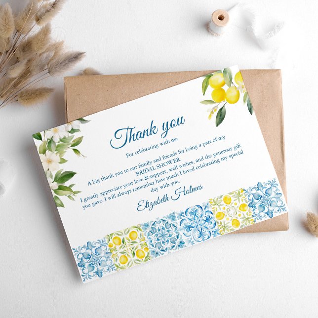 Mediterranean Blue Tiles and Lemons Bridal Shower Thank You Card (Mediterranean Blue Tiles and Lemons Bridal Shower Thank You Card on a white boho table.)