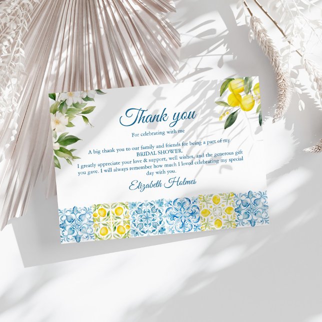 Mediterranean Blue Tiles and Lemons Bridal Shower Thank You Card (Mediterranean Blue Tiles and Lemons Bridal Shower Thank You Card on a sunny white table.)