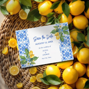 Mediterranean blue tiles and lemons save the date