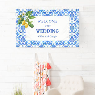 Mediterranean blue tiles and lemons wedding banner