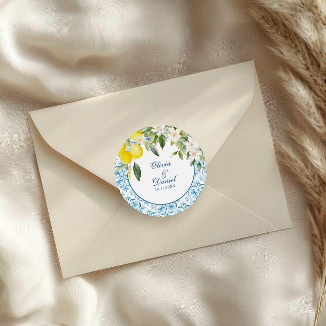 Mediterranean Blue Tiles and Lemons Wedding Classic Round Sticker (Mediterranean Blue Tiles and Lemons Wedding Classic Round Sticker on a wedding envelope.)