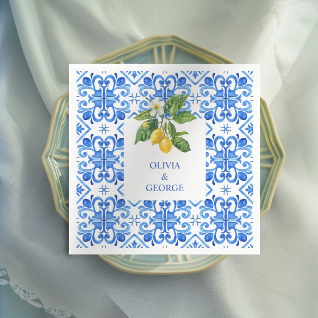 Mediterranean blue tiles and lemons wedding  napkin (Creator Uploaded)