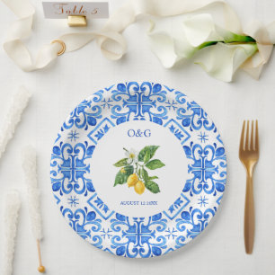 Mediterranean blue tiles and lemons wedding paper plate