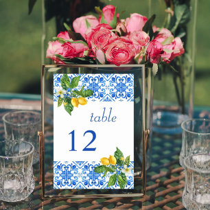 Mediterranean blue tiles and lemons wedding table number