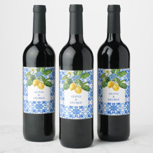 Mediterranean blue tiles and lemons wedding  wine label
