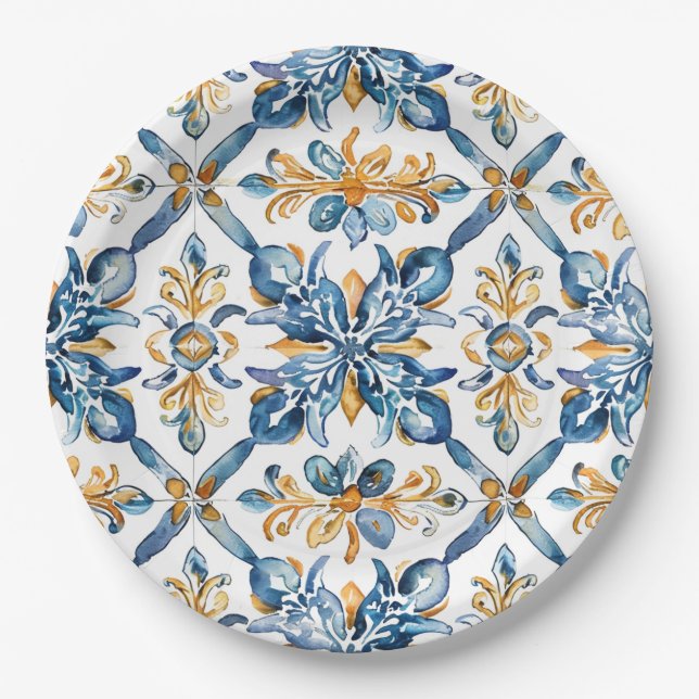Mediterranean Blue Tiles Decor Paper Plates (Front)