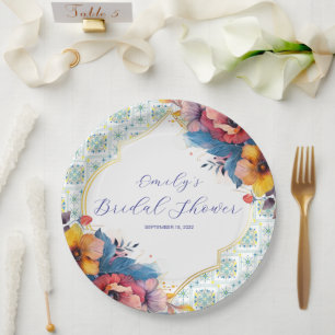 Mediterranean Blue Tiles Elegant Bridal Shower Paper Plate