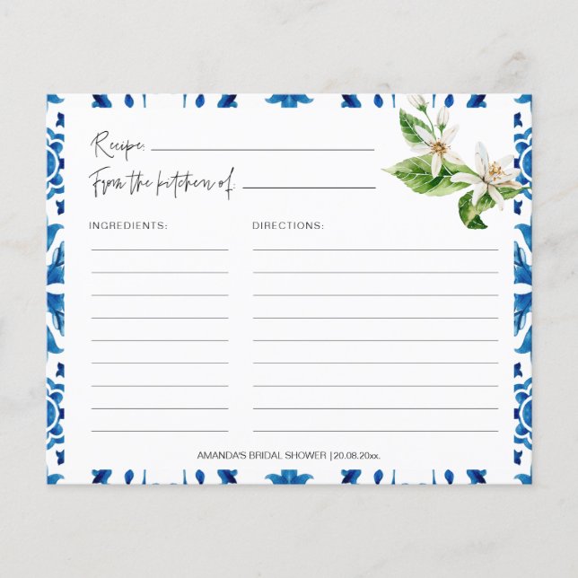 Mediterranean Blue Tiles Greece Recipe Cards  (Front)