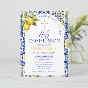 Mediterranean Blue Tiles Lemon 1st Holy Communion Invitation