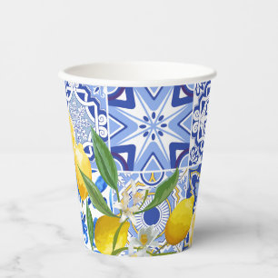 Mediterranean blue tiles lemon Bridal Shower Paper Cups