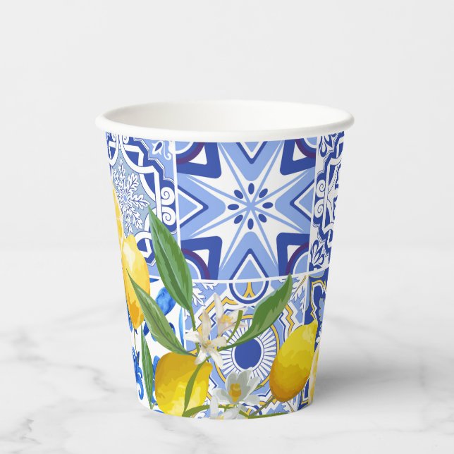 Mediterranean blue tiles lemon Bridal Shower  Paper Cups (Front)