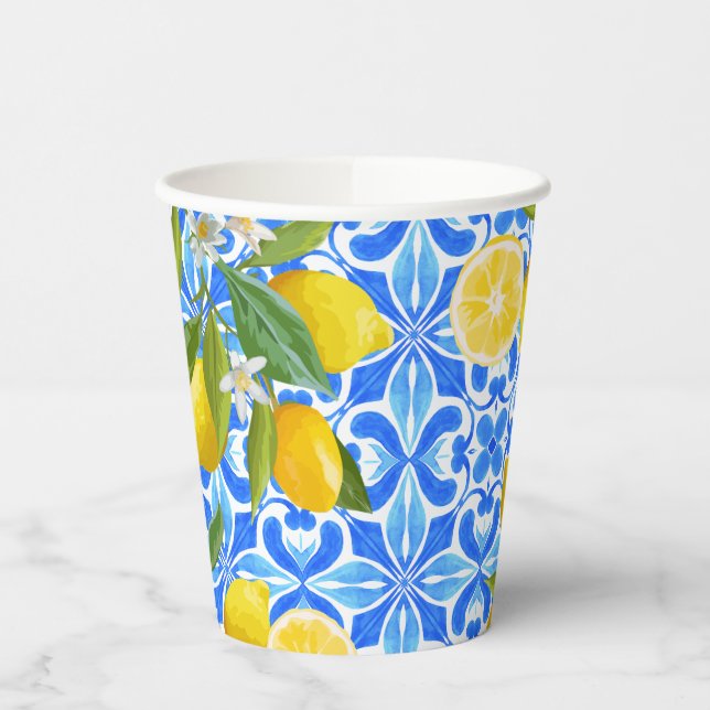 Mediterranean blue tiles lemon Bridal Shower  Paper Cups (Left)