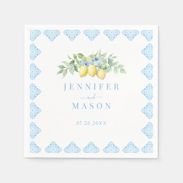 Mediterranean Blue Tiles Lemon Italian Wedding Napkin (Front)