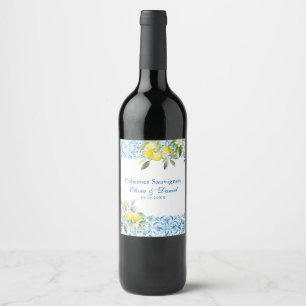 Mediterranean Blue Tiles & Lemon Wedding Wine Label